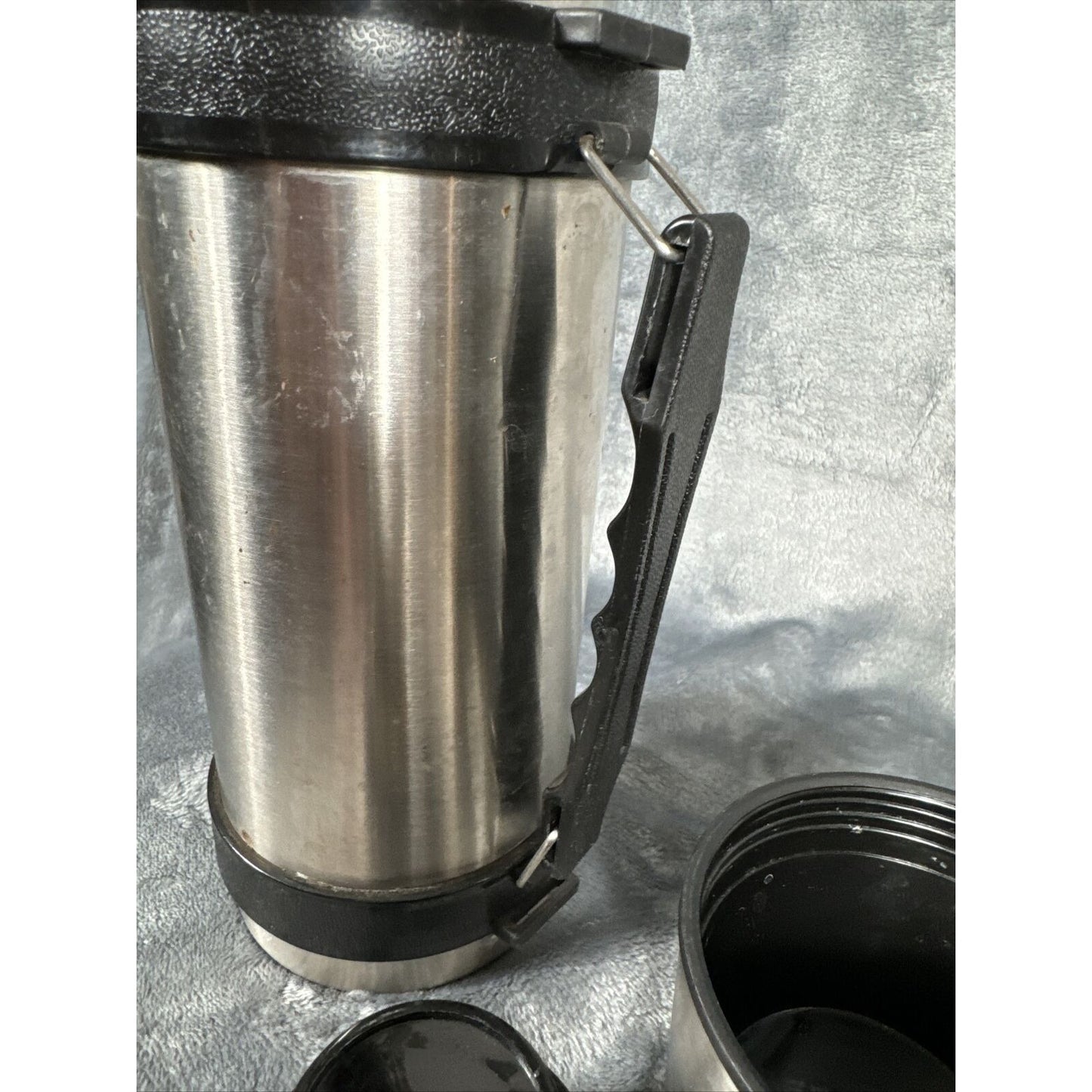 Thermos Black & Silver Vacuum Insulated Flask 1 Liter Stopper Vintage