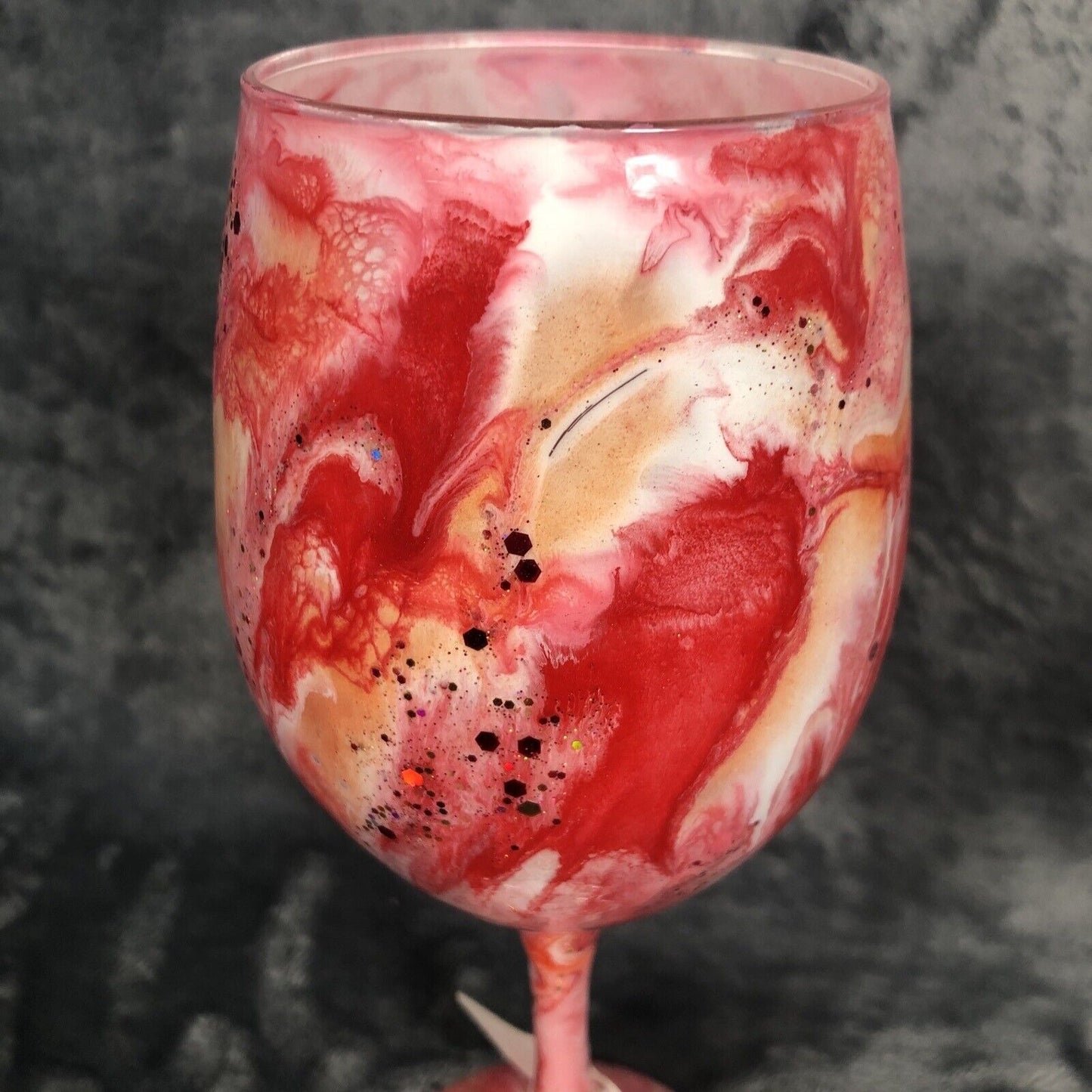 Wine Glass Red Swirls & Glitter Hand Painted Custom Unique Gift