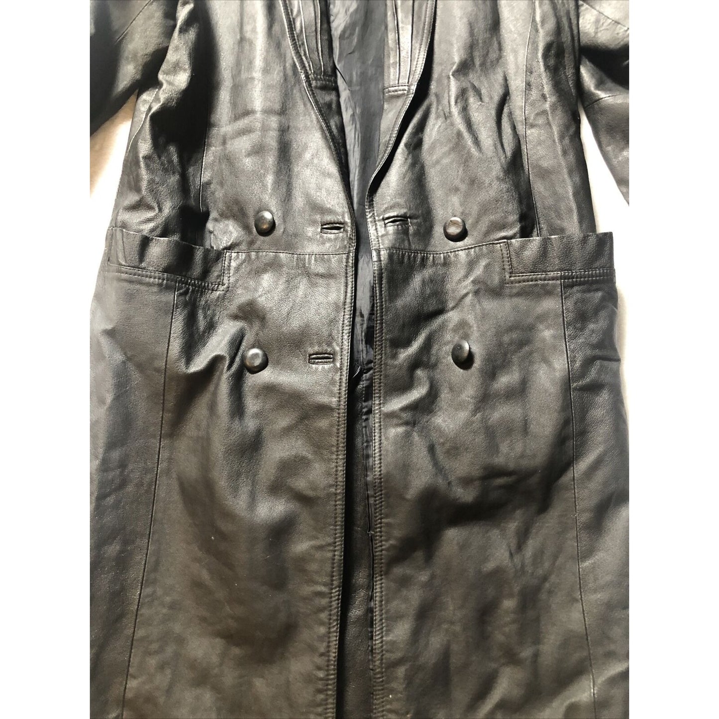 Vintage 80's G-III Black Leather Long Trench Coat Women's Small Long