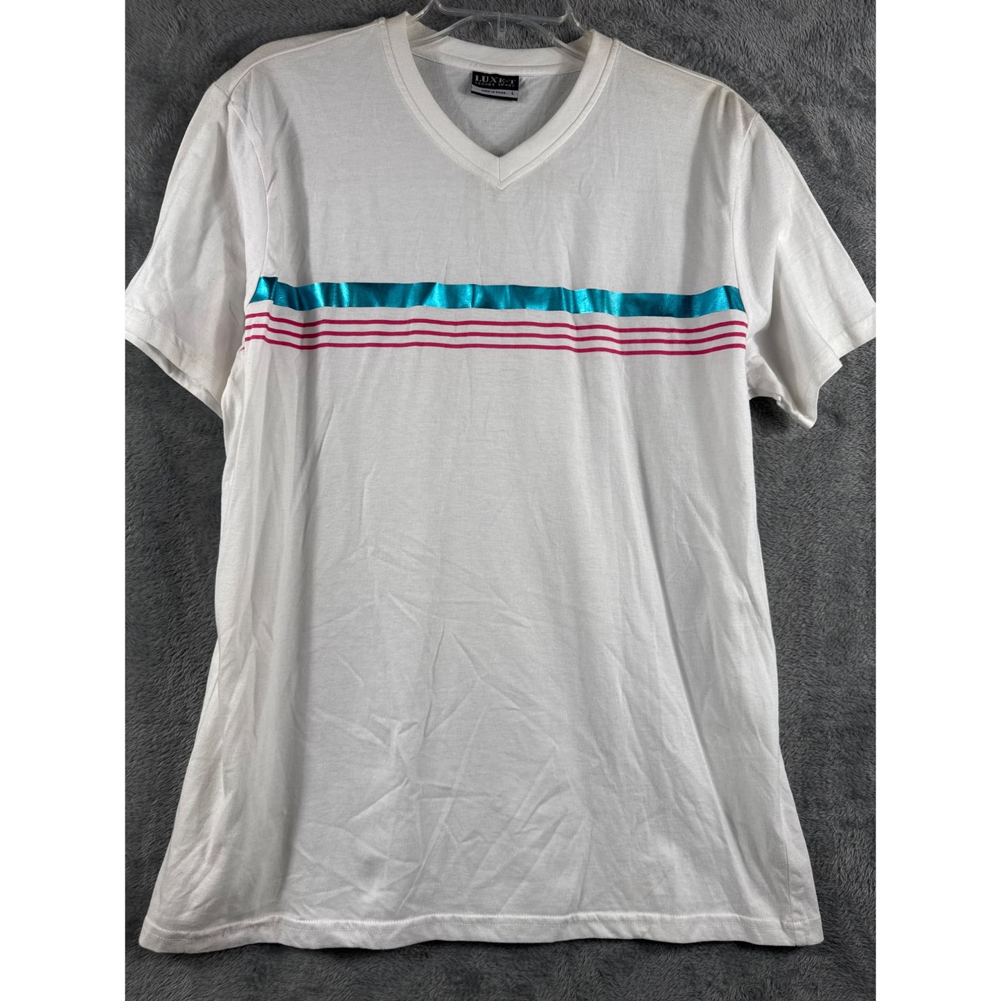 White Luxe-T V-Neck T-Shirt With Blue & Pink Stripe Design Mens Size L Cotton Blend