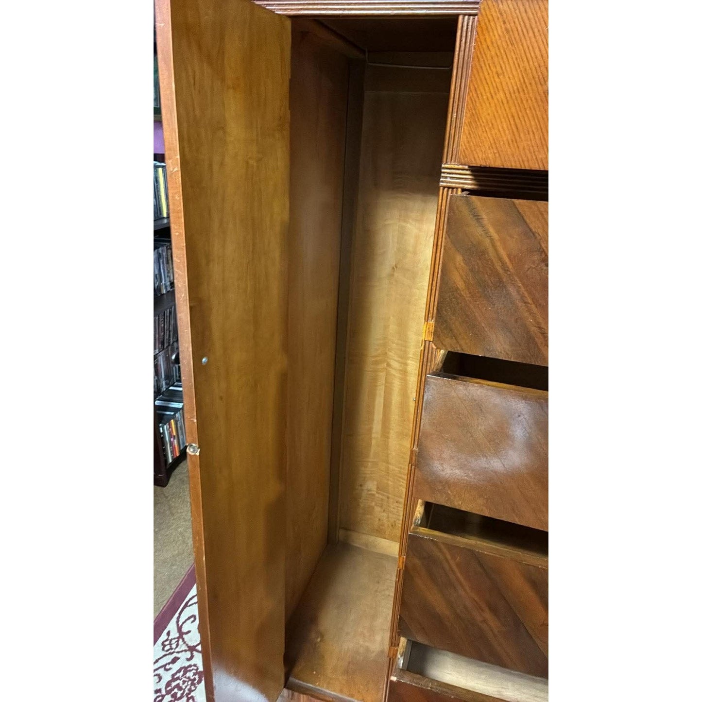 Vintage Waterfall Chifforobe 1930-40's Mid-Century Modern Wooden Dresser With Wardrobe Cabinet & 6 Drawers For Storage
