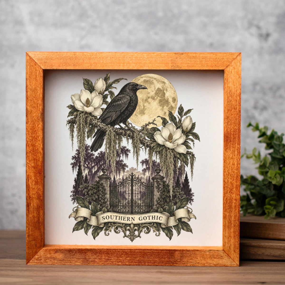 Southern Gothic Crow Wall Art, Moonlit Magnolia Garden Decor, Gothic Raven Home Accent, Framed Wooden Decor for Dark Academia Style