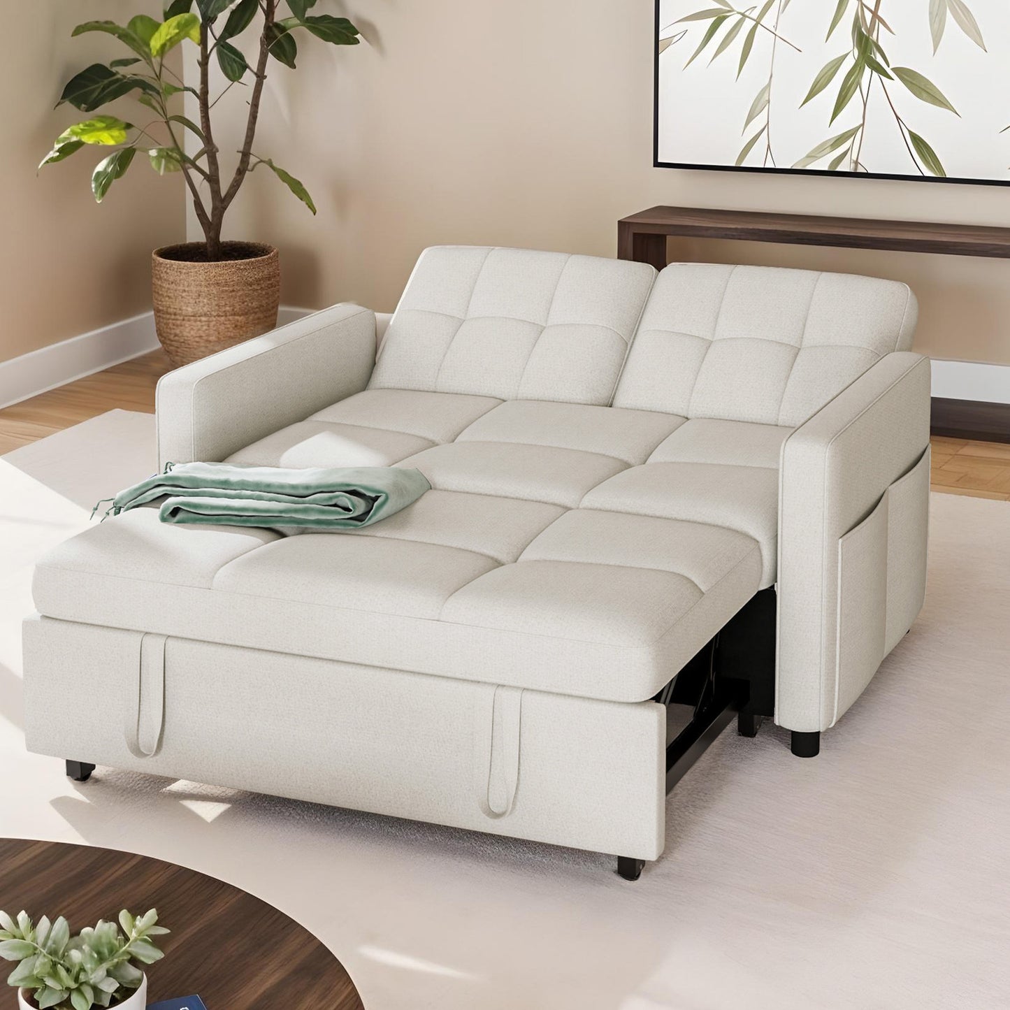 3 in 1 Convertible Sofa Bed 55 inch Sleeper Sofa Linen Loveseat Futon Couch