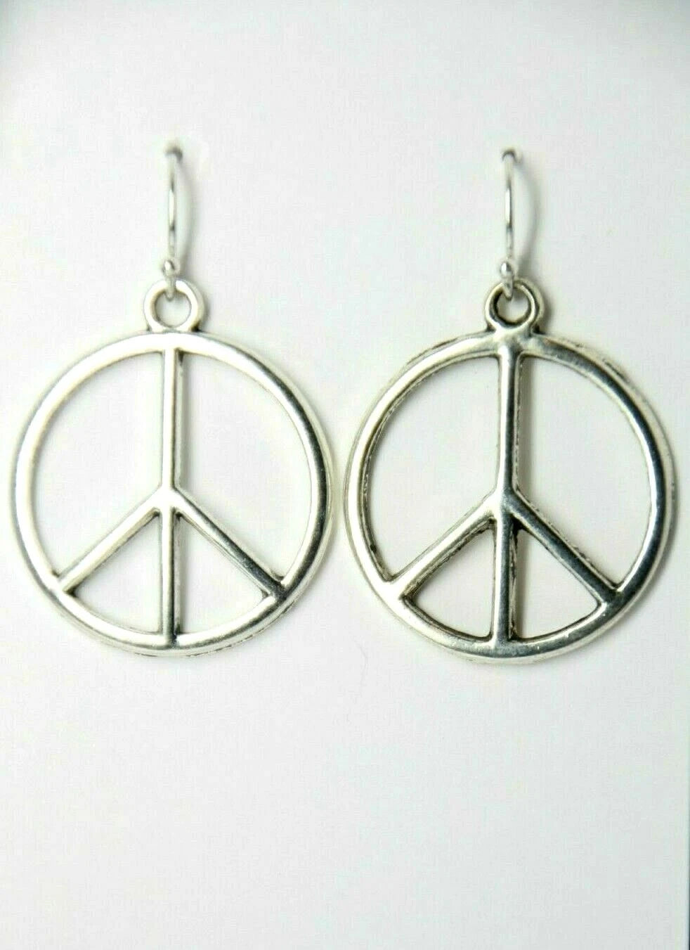 Peace Sign Charm Earrings Hippie 1960s 925 Sterling Silver Hooks Pewter Charms