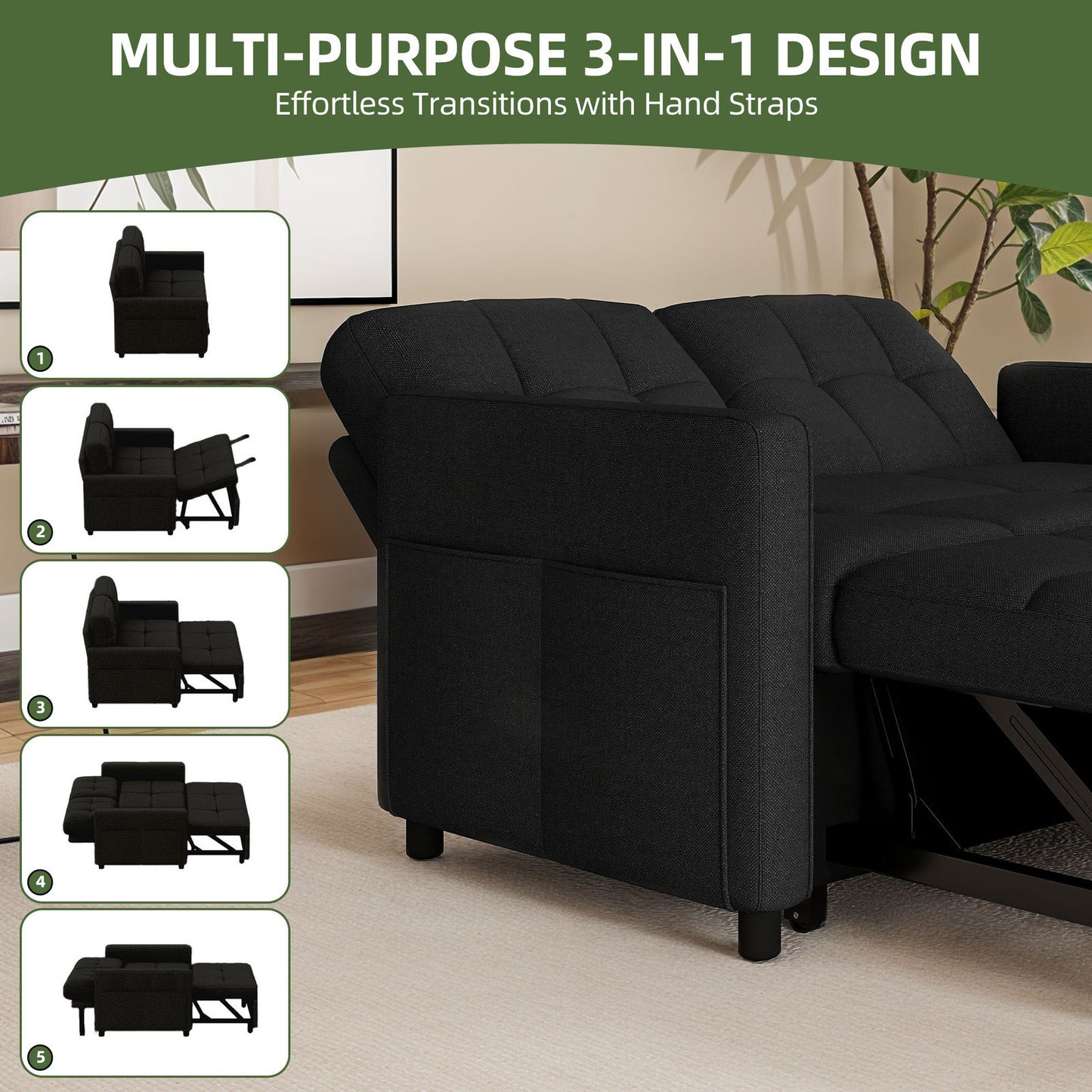 3 in 1 Convertible Sofa Bed 55 inch Sleeper Sofa Linen Loveseat Futon Couch