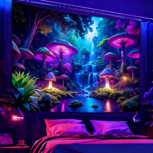 Blacklight Fantasy Mushroom Waterfall Tapestry – UV Reactive Neon Forest Wall Ha