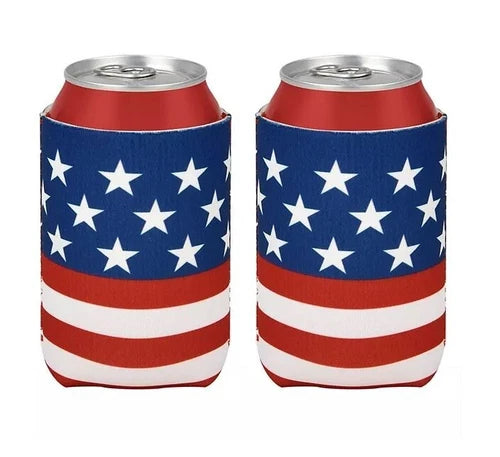 USA AMERICAN FLAG BEER SODA CAN BOTTLE KADDY KOOZIE COOLER HOLDER HUGGER 2 PACK
