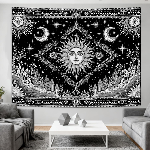 Black and White Sun and Moon Tapestry Hippie Boho Celestial Wall Tapestry for Be