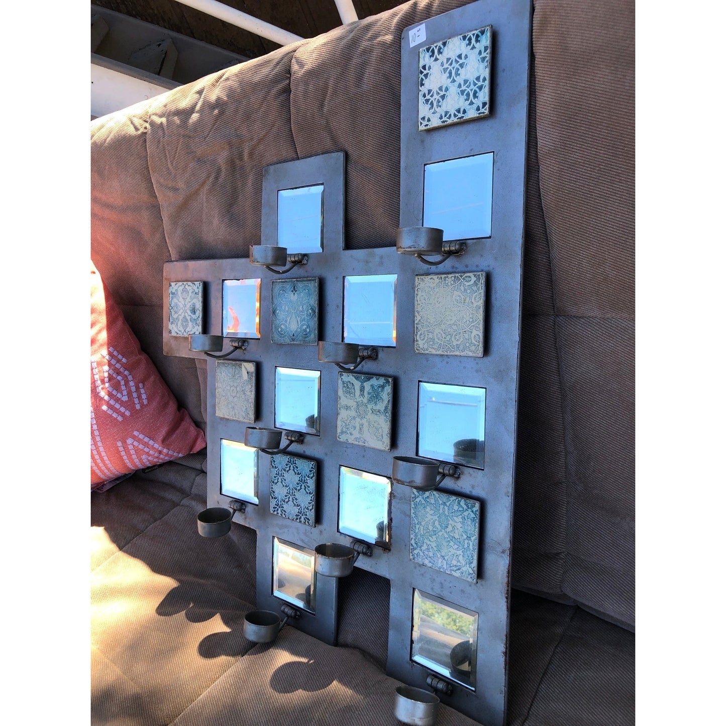 Wall-Mounted Geometric Metal Candle Holder With Mirrors & Patterned Tiles