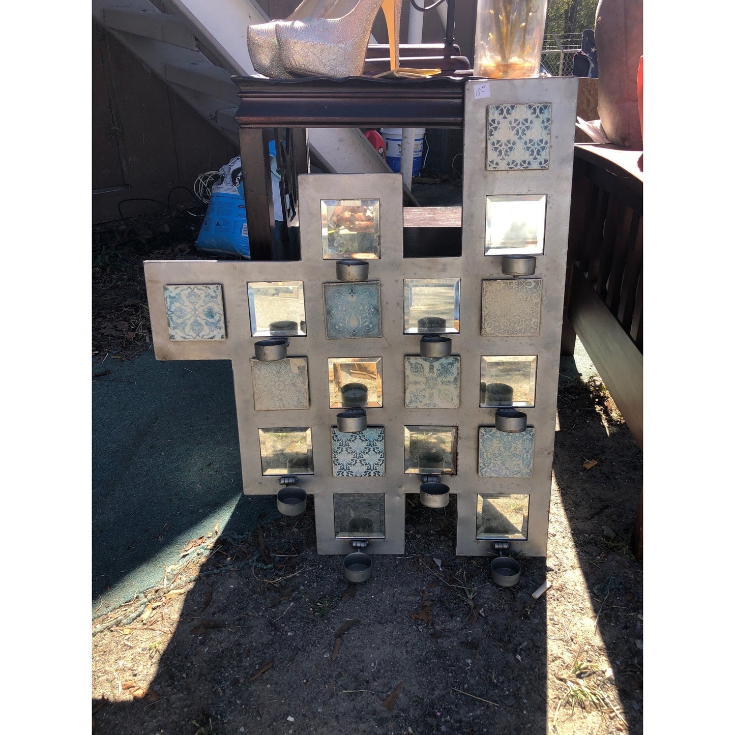 Wall-Mounted Geometric Metal Candle Holder With Mirrors & Patterned Tiles