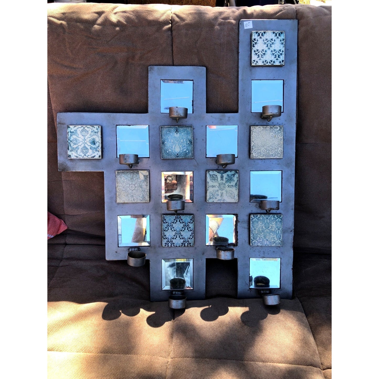 Wall-Mounted Geometric Metal Candle Holder With Mirrors & Patterned Tiles