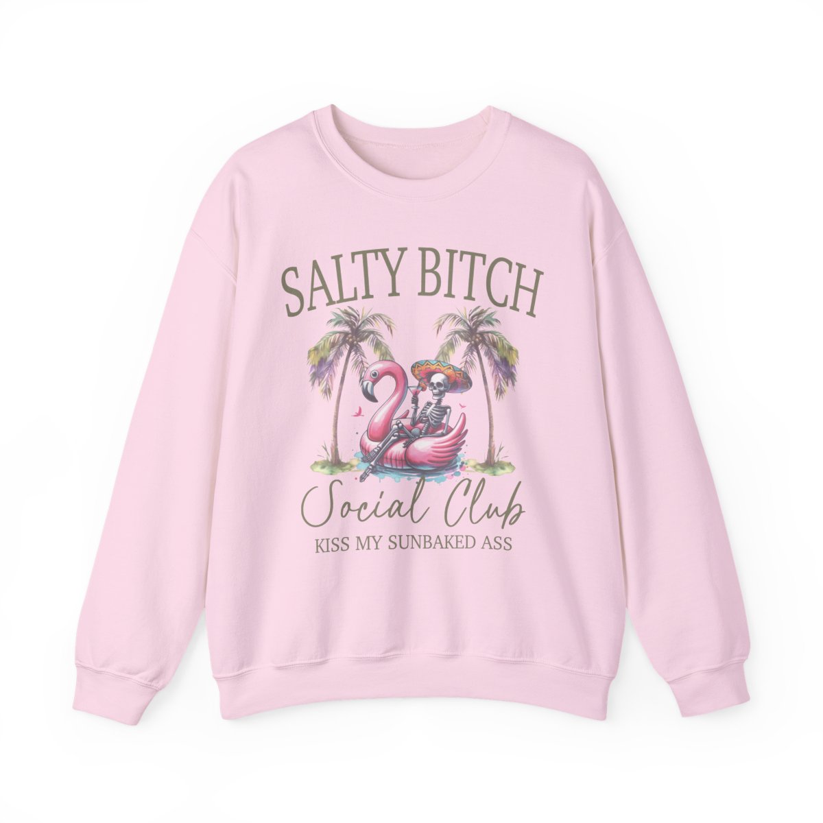 Salty **** Social Club Women’s Graphic Sweatshirt – Flamingo Palm Tree Beach Crewneck