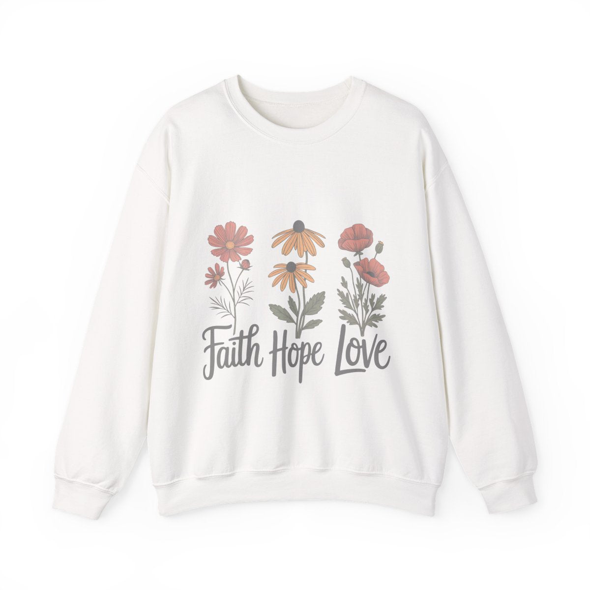 Floral Sweatshirt Gift, Faith Hope Love Design, Cozy Cotton Blend Top, Botanical Print Crewneck, Customizable Apparel, Women Men