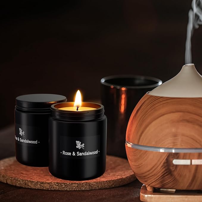 Scented Candle for Home Scented, Strong Fragranced Aromatherapy Candles - 7.6 Oz, 100% Soy Wax - Winter Candles Valentine’s Day Gift for Men & Women in Black Jar, Rose&Sandalwood