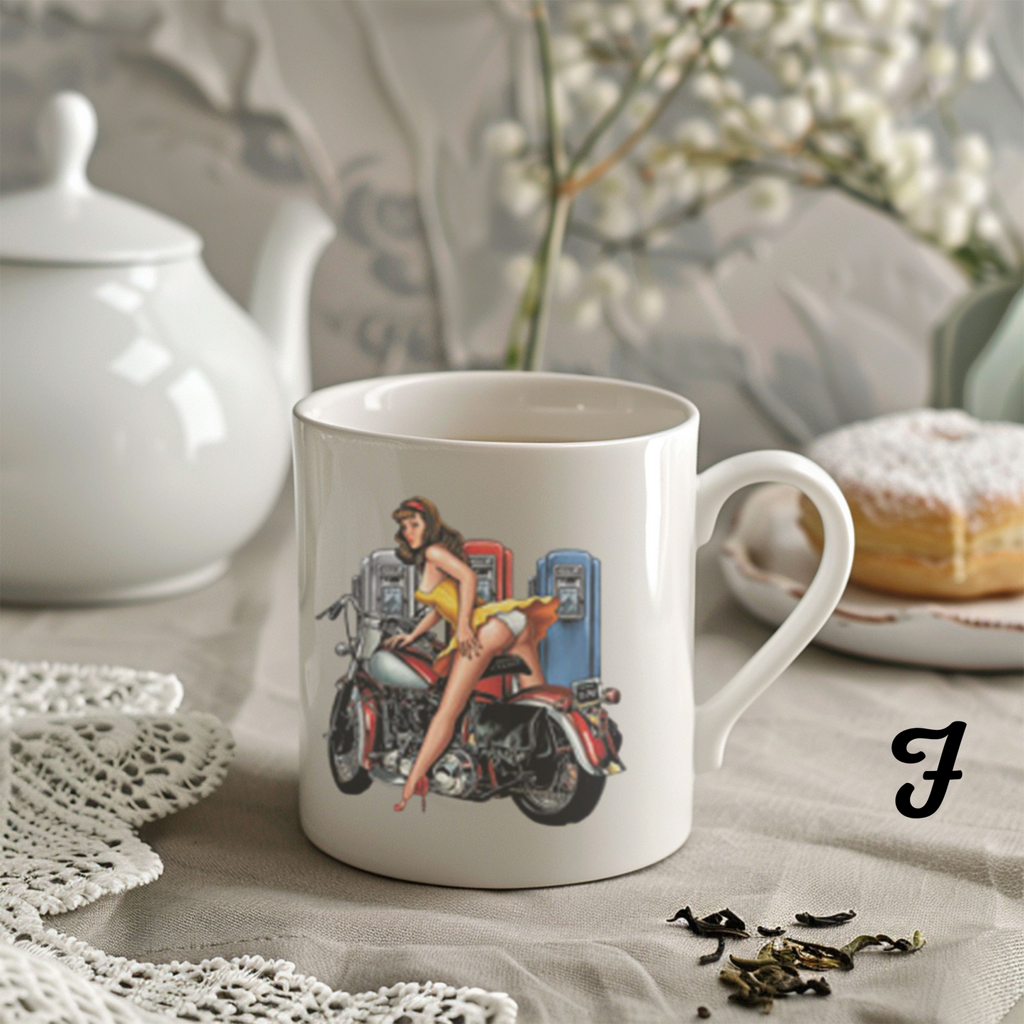 Pin-Up Girl Art Mug, Motorcycle Lover Gift, Retro Style Coffee Mug, Vintage Design Ceramic, 11oz 15oz Personalized Drinkware