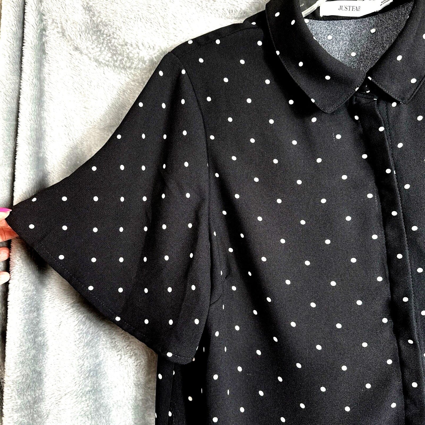 Justfab Blouse Woman’s Polkadot Shirt Short Flared  Sleeve Top Black Size Large