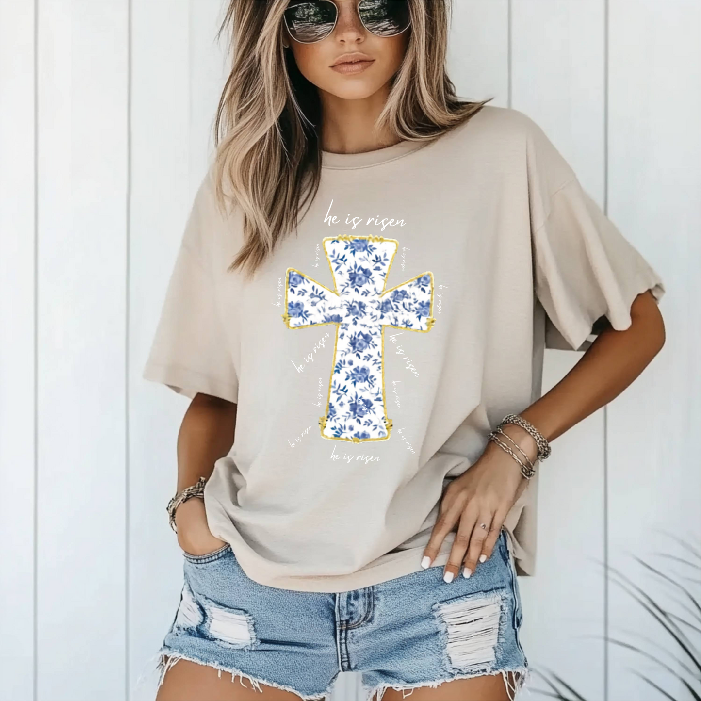 Christian Cross T-Shirt, Inspirational "He is Risen" Design, Faith-Based Gift, Easter Religious Shirt, Spiritual Apparel, Women