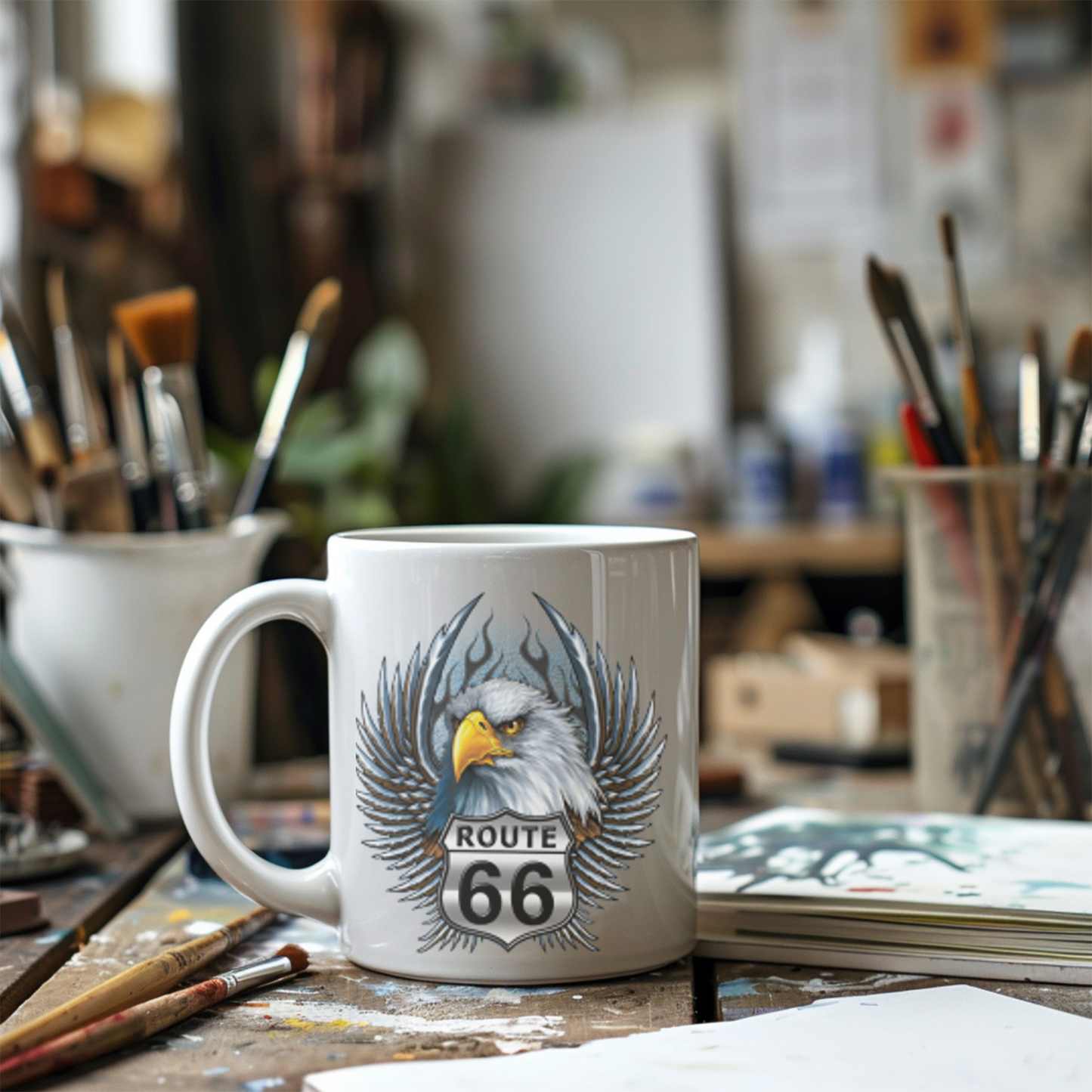 Eagle Route 66 Mug, Vintage Americana Gift, Ceramic Coffee Mug, Personalized Travel Mug, Road Trip Souvenir, 11oz 15oz