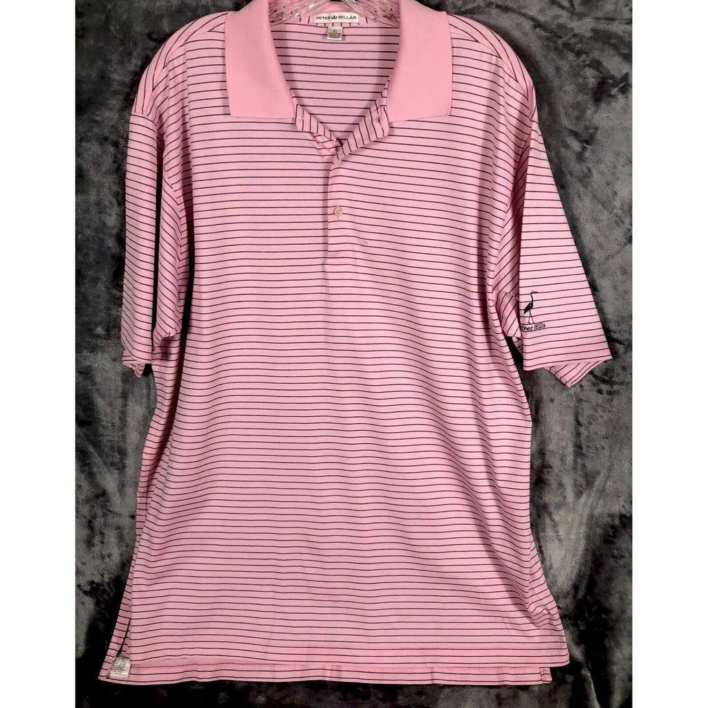 Peter Millar Polo Golf Shirt Pink Stripped ￼Extra-Large River Hills Logo
