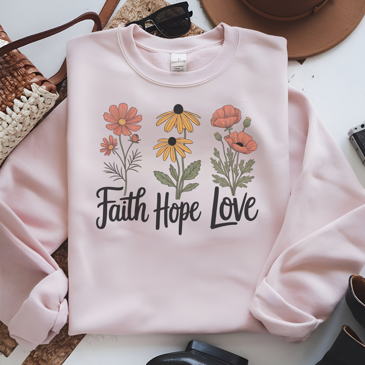 Floral Sweatshirt Gift, Faith Hope Love Design, Cozy Cotton Blend Top, Botanical Print Crewneck, Customizable Apparel, Women Men