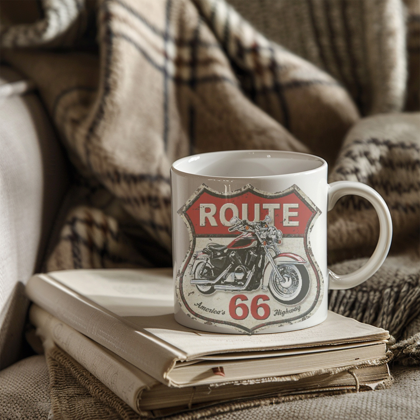 Motorcycle Enthusiast Gift, Route 66 Ceramic Coffee Mug, Americana Road Trip Decor, Personalized Mug for Bikers, Highway Travel Souvenir