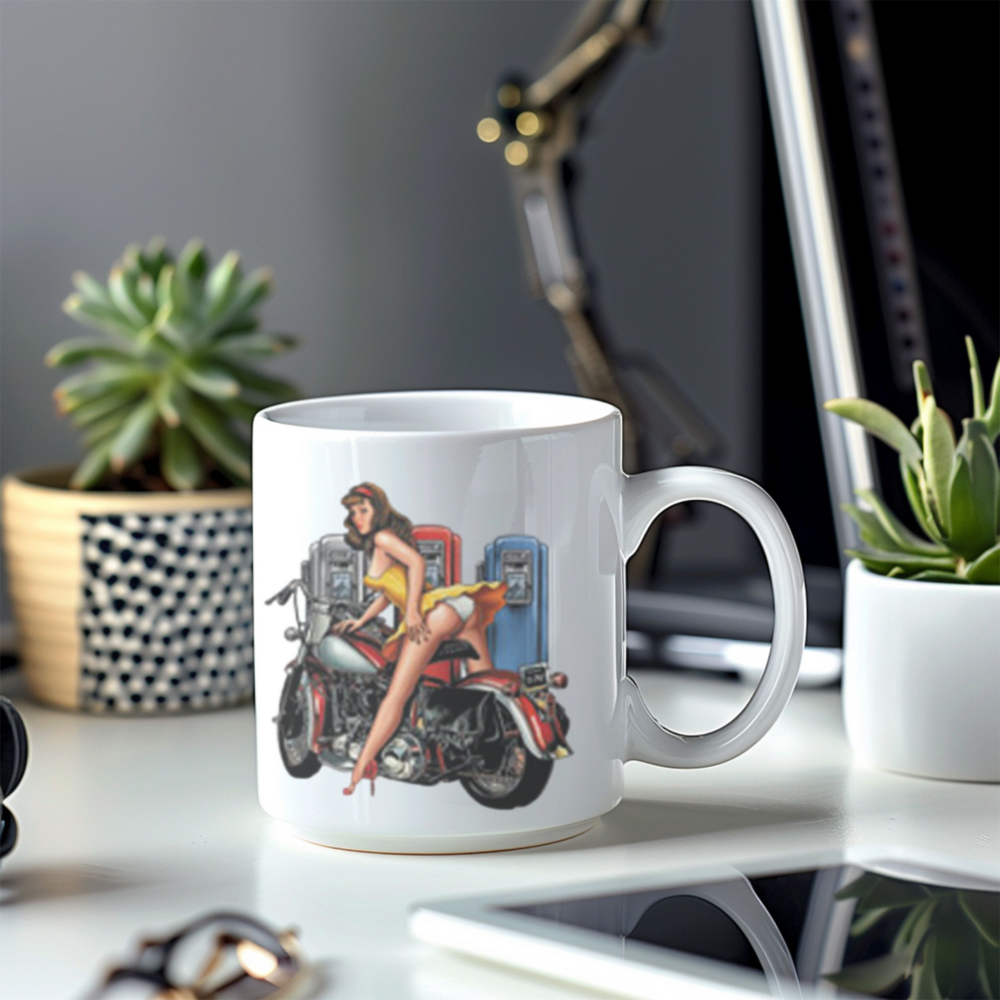 Pin-Up Girl Art Mug, Motorcycle Lover Gift, Retro Style Coffee Mug, Vintage Design Ceramic, 11oz 15oz Personalized Drinkware