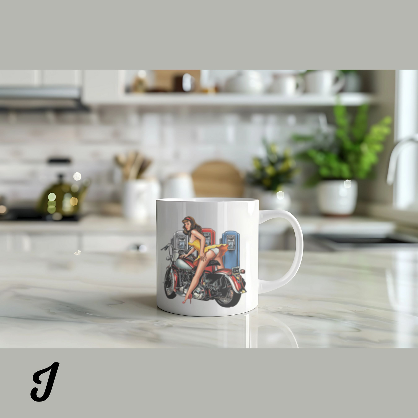 Pin-Up Girl Art Mug, Motorcycle Lover Gift, Retro Style Coffee Mug, Vintage Design Ceramic, 11oz 15oz Personalized Drinkware