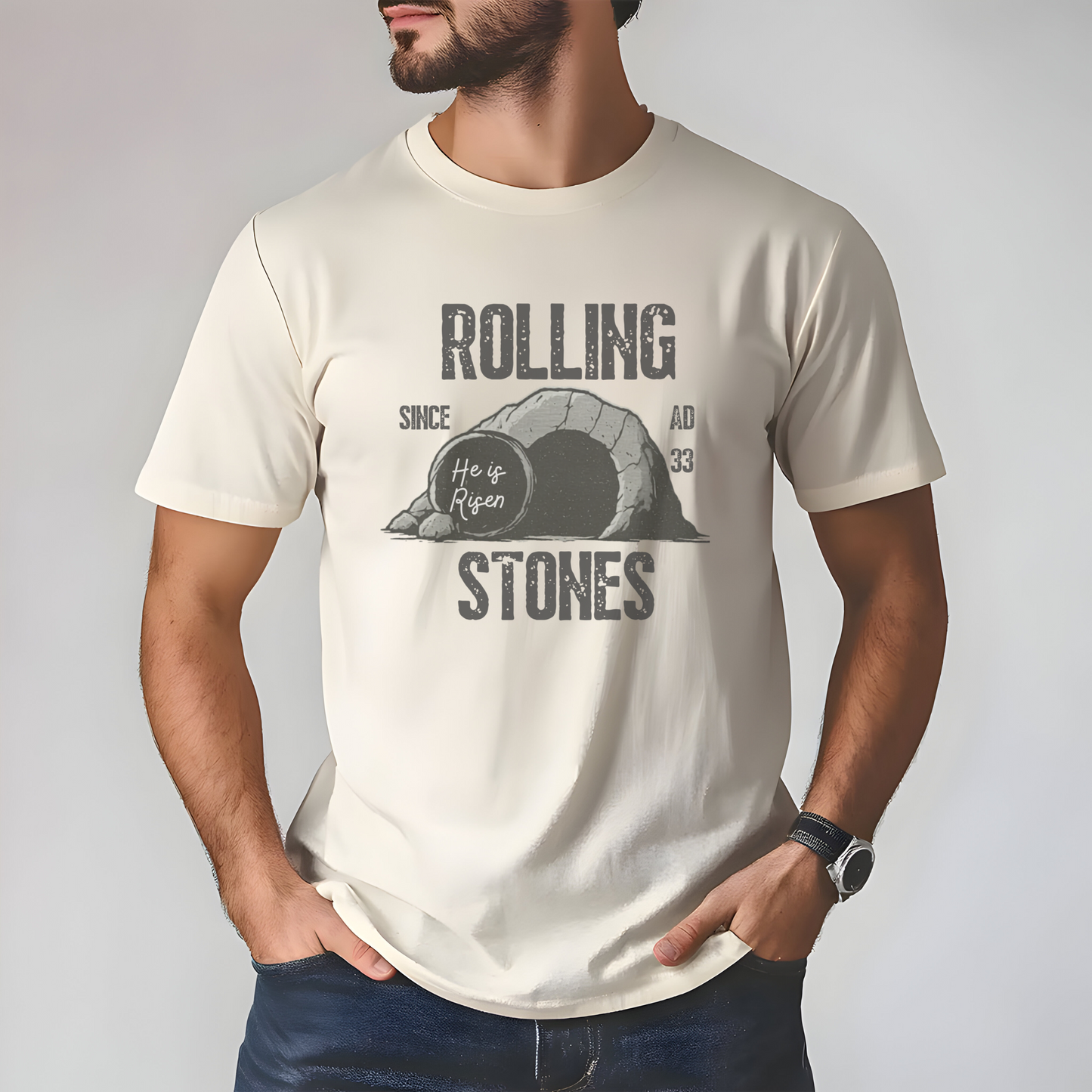 Rolling Stones He is Risen Christian T-Shirt, Religious Easter Gift, Vintage Graphic Tee, Christian Apparel, Funny Religious Shirt