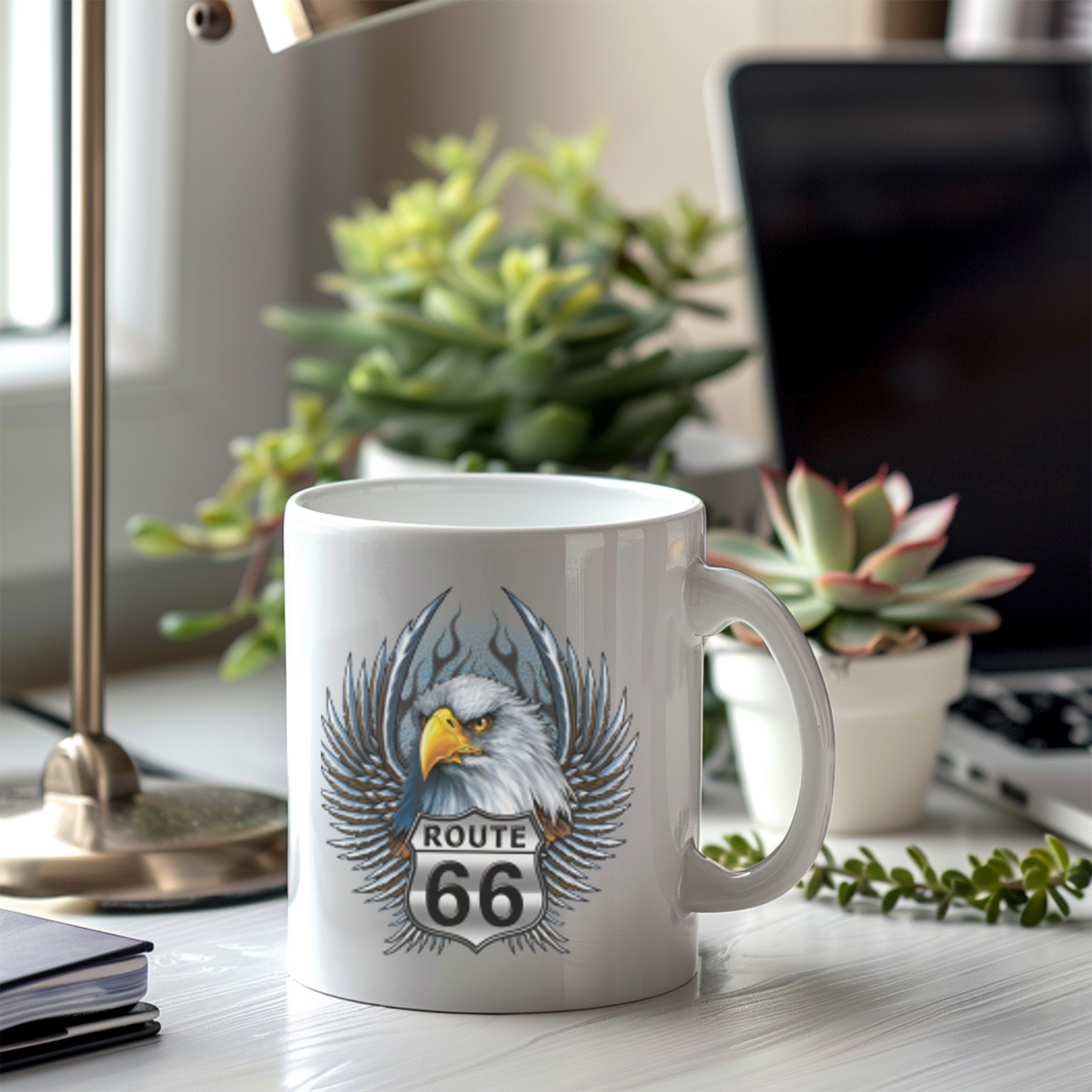 Eagle Route 66 Mug, Vintage Americana Gift, Ceramic Coffee Mug, Personalized Travel Mug, Road Trip Souvenir, 11oz 15oz