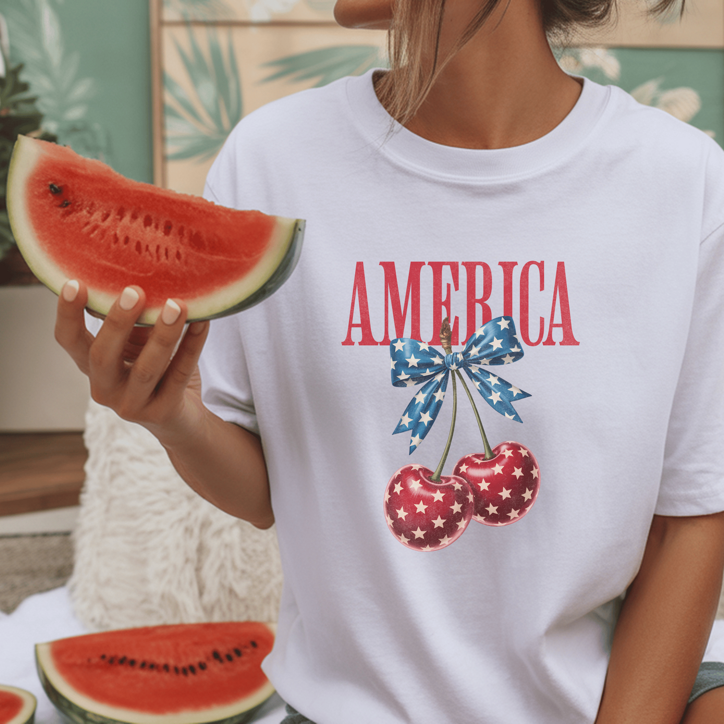 Patriotic Cherry Bow Tee, Vintage American Graphic Shirt, 4th of July Gift, Retro Style, Stars and Stripes Design, Customizable