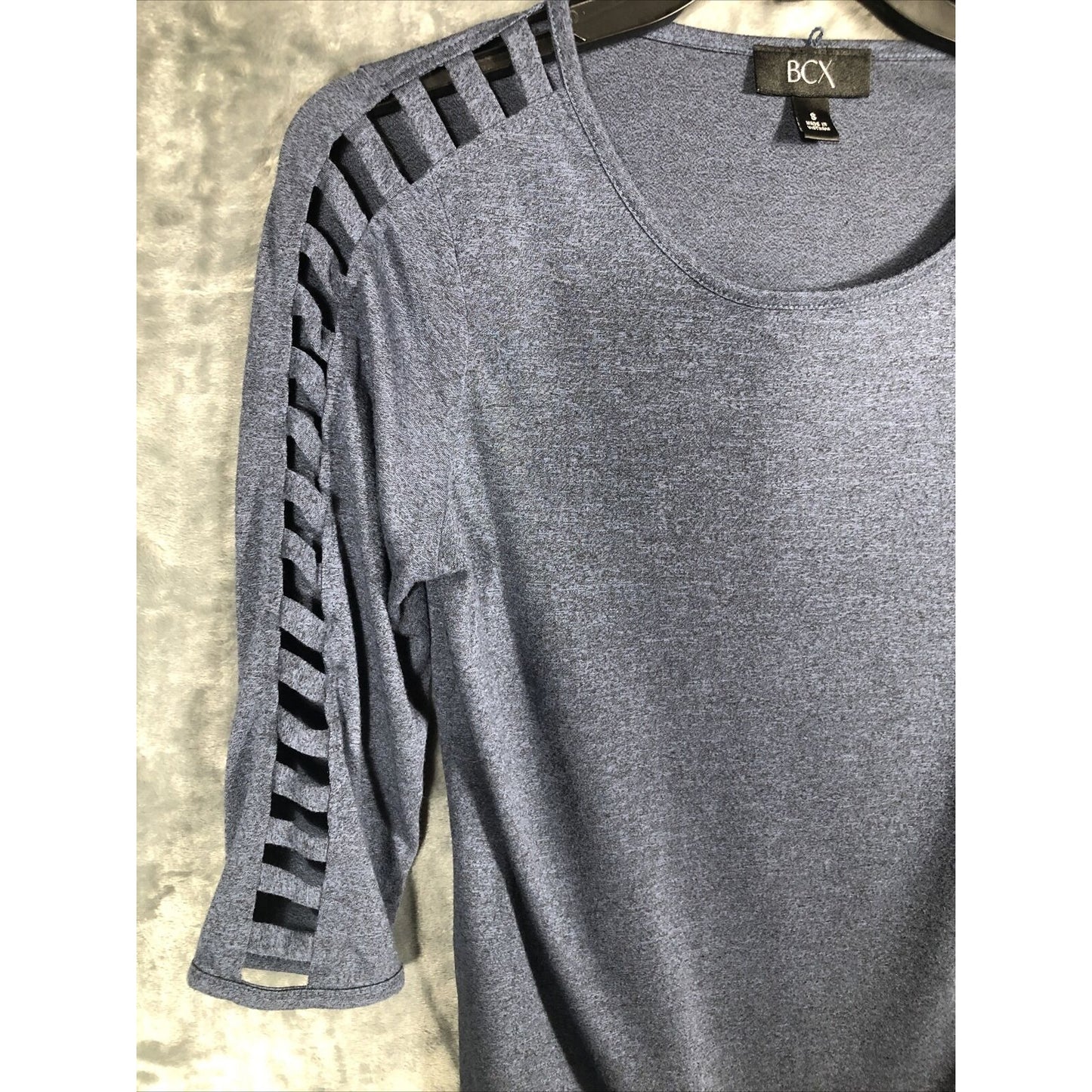 BCX Shirt Woman’s Blouse Lattice Cut Out Sleeves Size Adult Small Slate Blue