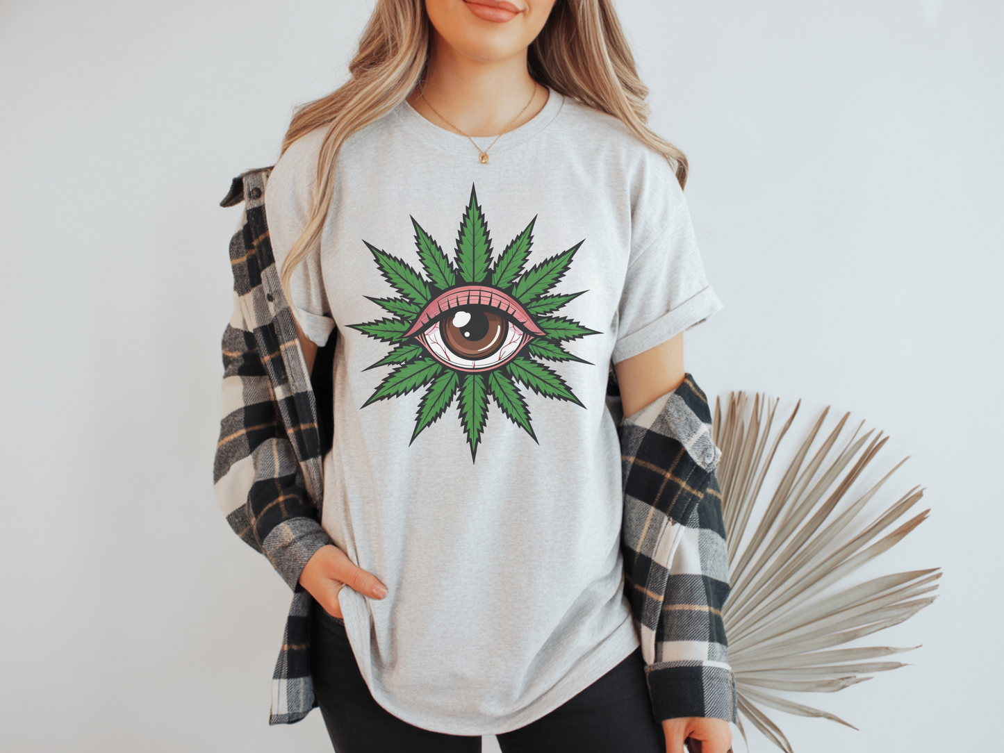 Cannabis Eye Men’s - Woman's T‑Shirt, Weed Leaf Eye Graphic Tee, Psychedelic Botanical Shirt, Trippy Green Art, Modern Streetwear