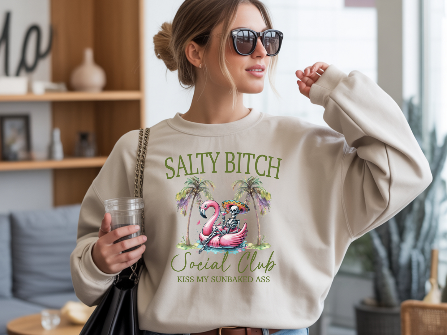 Salty **** Social Club Women’s Graphic Sweatshirt – Flamingo Palm Tree Beach Crewneck