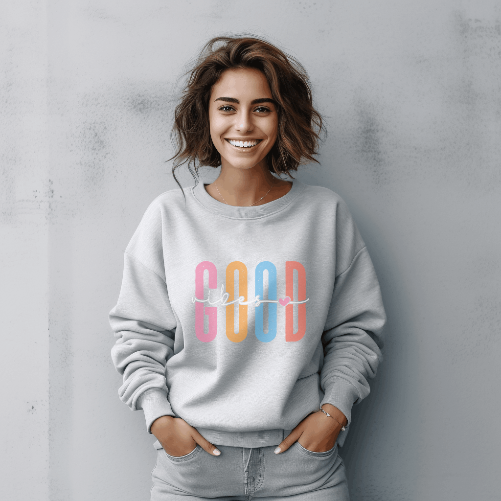 Good Vibes Sweatshirt, Colorful Graphic Unisex Crewneck, Positive Message Gift, Printed Cotton Blend Pullover