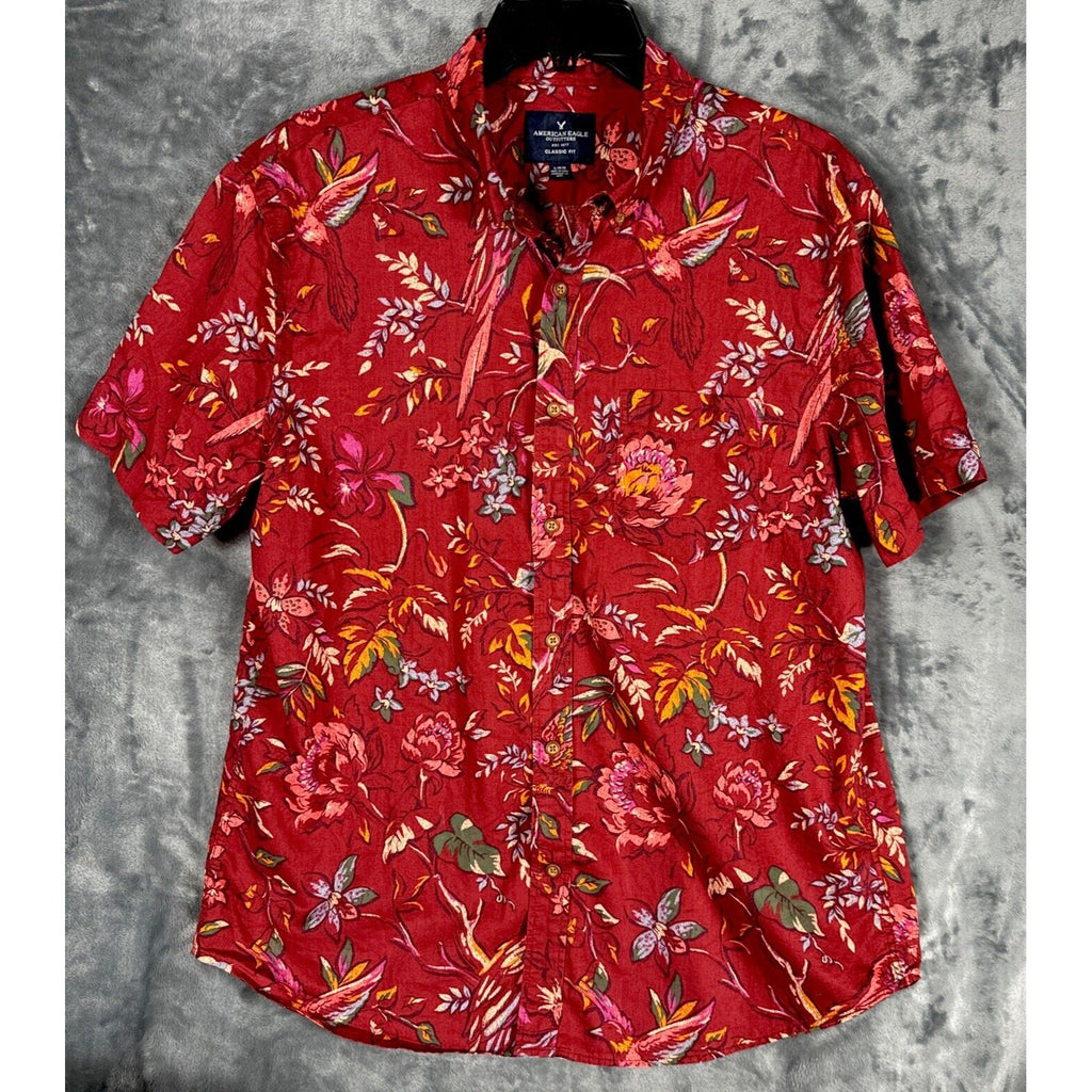 MENS AE AMERICAN EAGLE HAWAIIN TROPICAL SHIRT L ARGE COTTON BUTTON DOWN RED