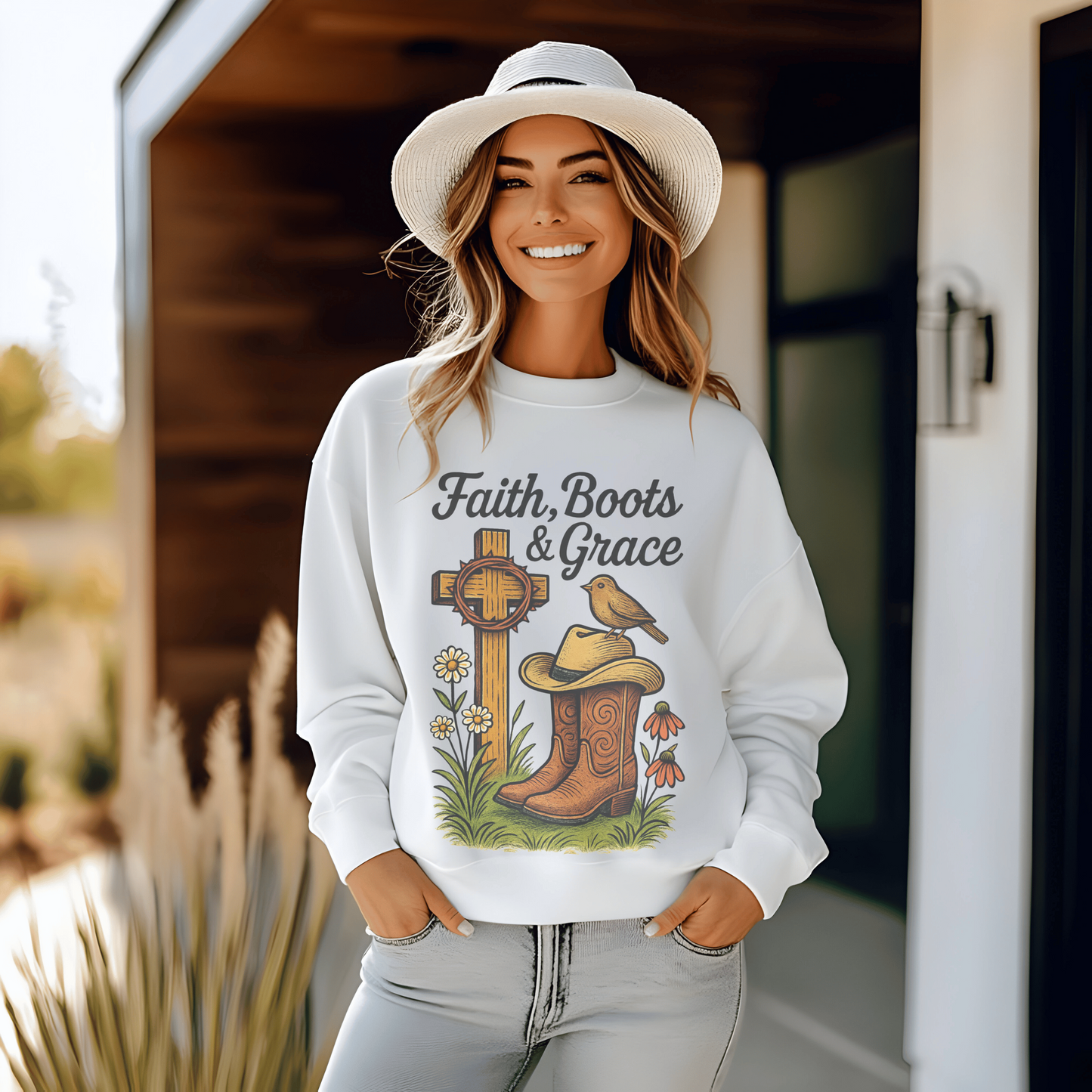 Cowboy Boots Cute Bird Artwork Sweatshirt, Western Cross Graphic Top, Vintage Style Pullover