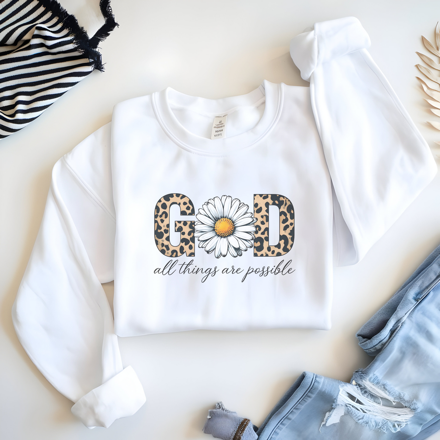 Leopard Print Daisy Sweatshirt, Inspirational Crewneck, Unisex Pullover, Chic Fall Fashion, Custom Apparel Gift, Graphic Print Top