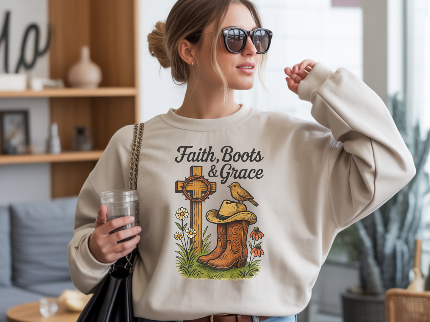 Cowboy Boots Cute Bird Artwork Sweatshirt, Western Cross Graphic Top, Vintage Style Pullover