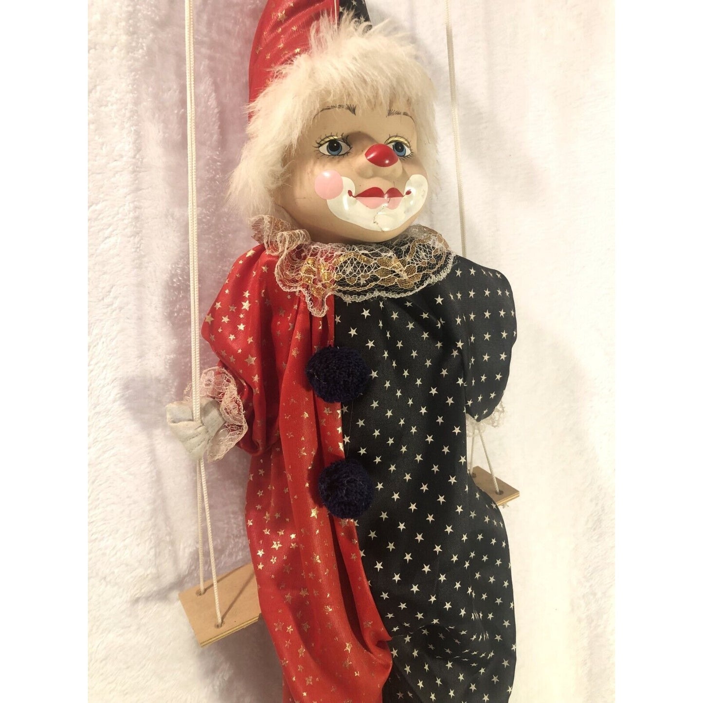 Vintage Circus Clown Kid Doll Porcelain Head String Marionette Puppet on Swing