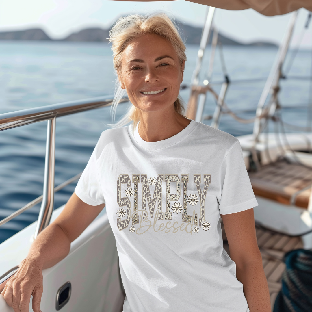 Simply Blessed Shirt, Inspirational Graphic Tee, Comfortable Black Cotton Top, Gift for Grandmother, Motivational T-Shirt, Floral Text Design
