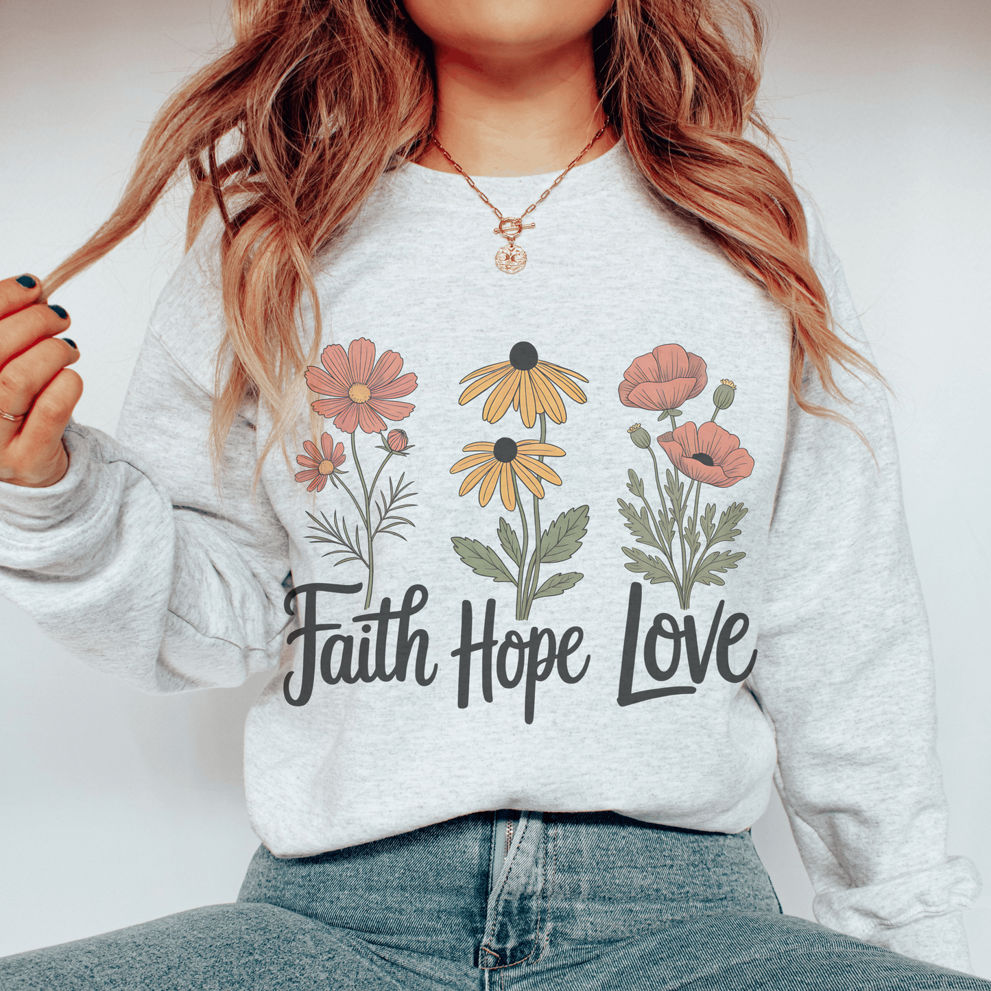 Floral Sweatshirt Gift, Faith Hope Love Design, Cozy Cotton Blend Top, Botanical Print Crewneck, Customizable Apparel, Women Men