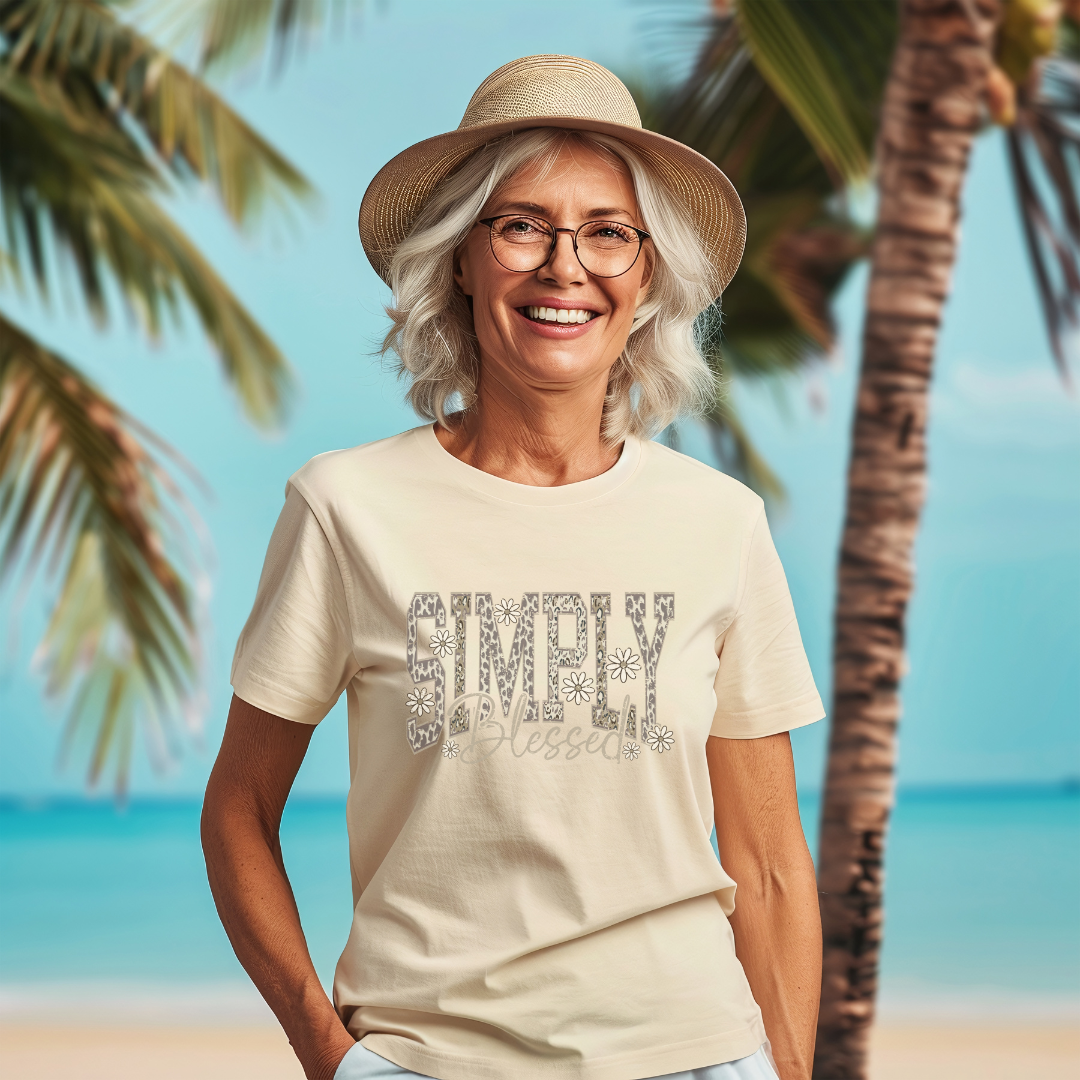 Simply Blessed Shirt, Inspirational Graphic Tee, Comfortable Black Cotton Top, Gift for Grandmother, Motivational T-Shirt, Floral Text Design