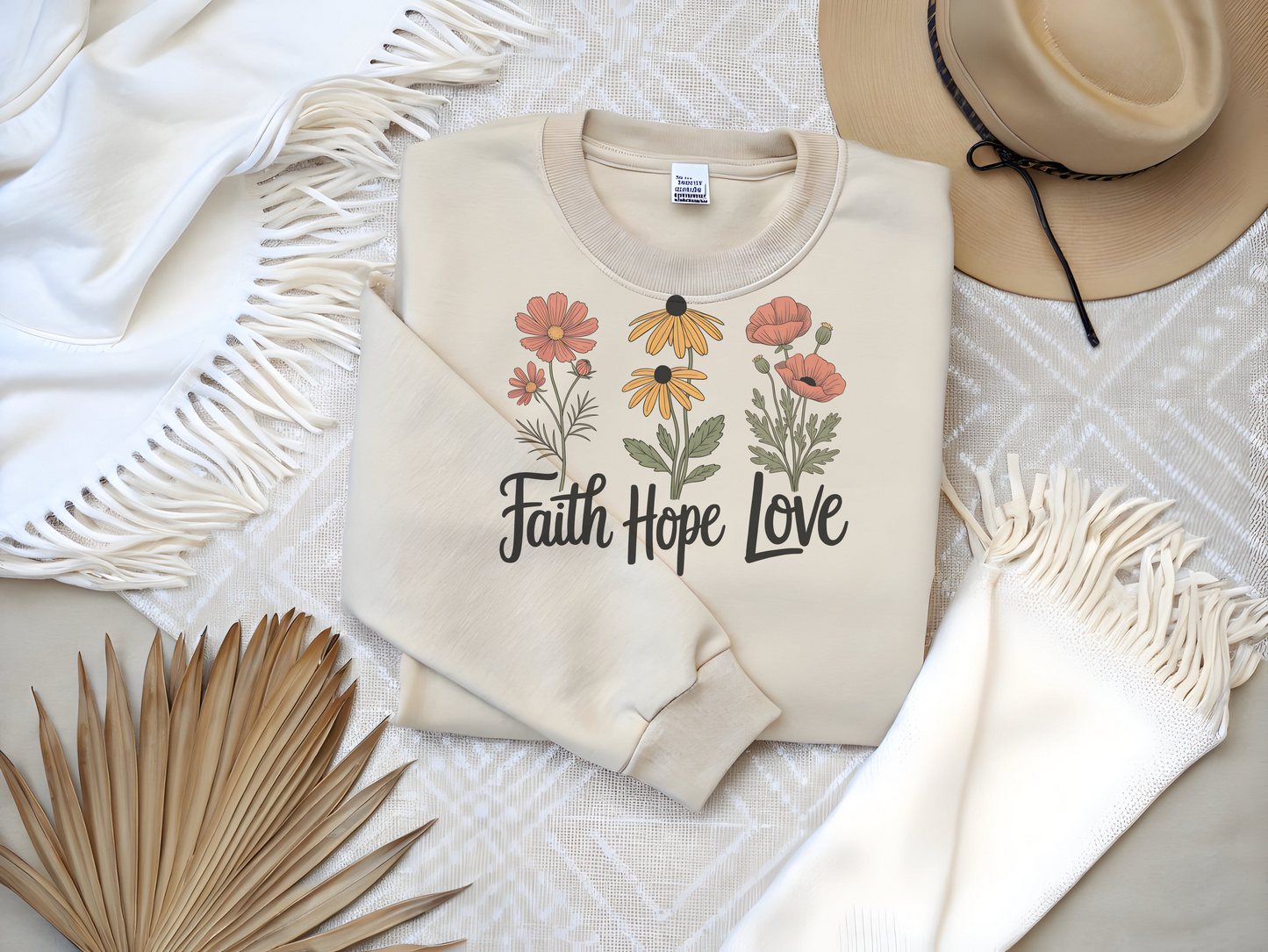 Floral Sweatshirt Gift, Faith Hope Love Design, Cozy Cotton Blend Top, Botanical Print Crewneck, Customizable Apparel, Women Men