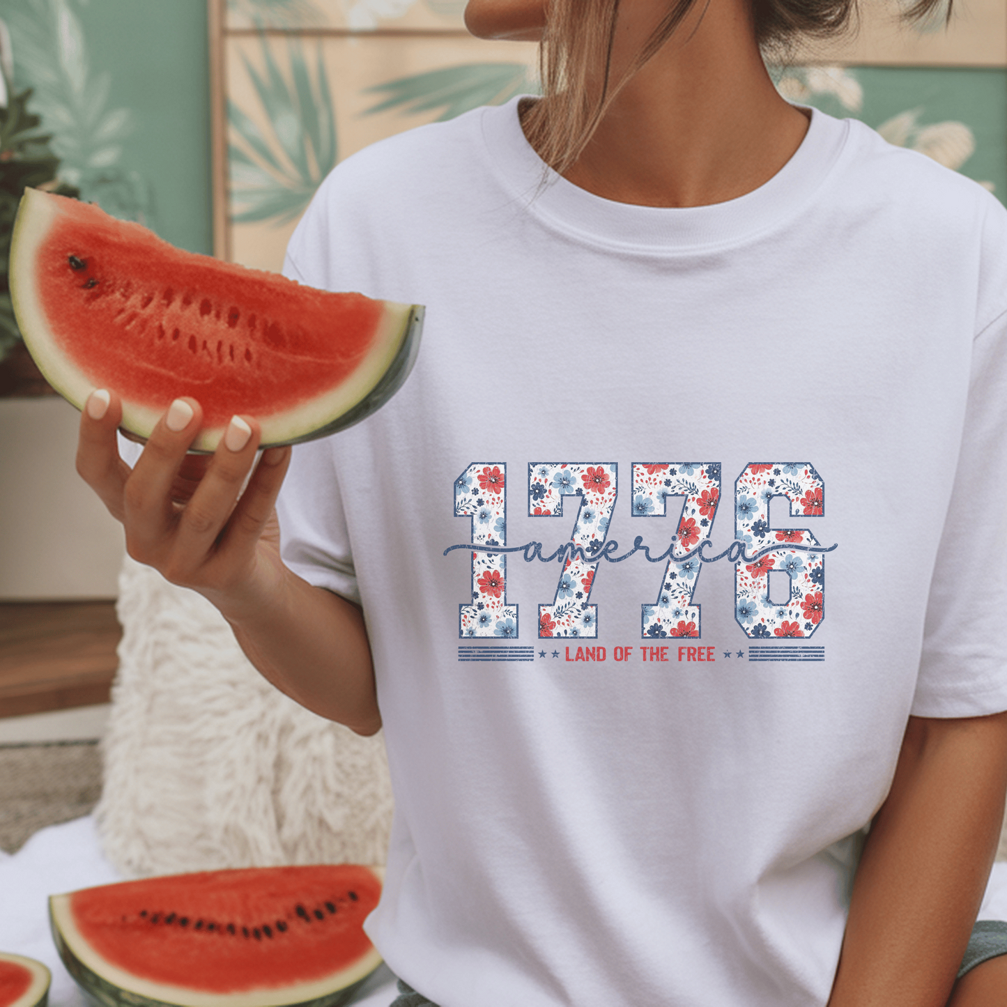 Patriotic Floral 1776 Americana Tee, Custom Independence Day Shirt, Vintage Style Flower Design, Land of the Free Gift
