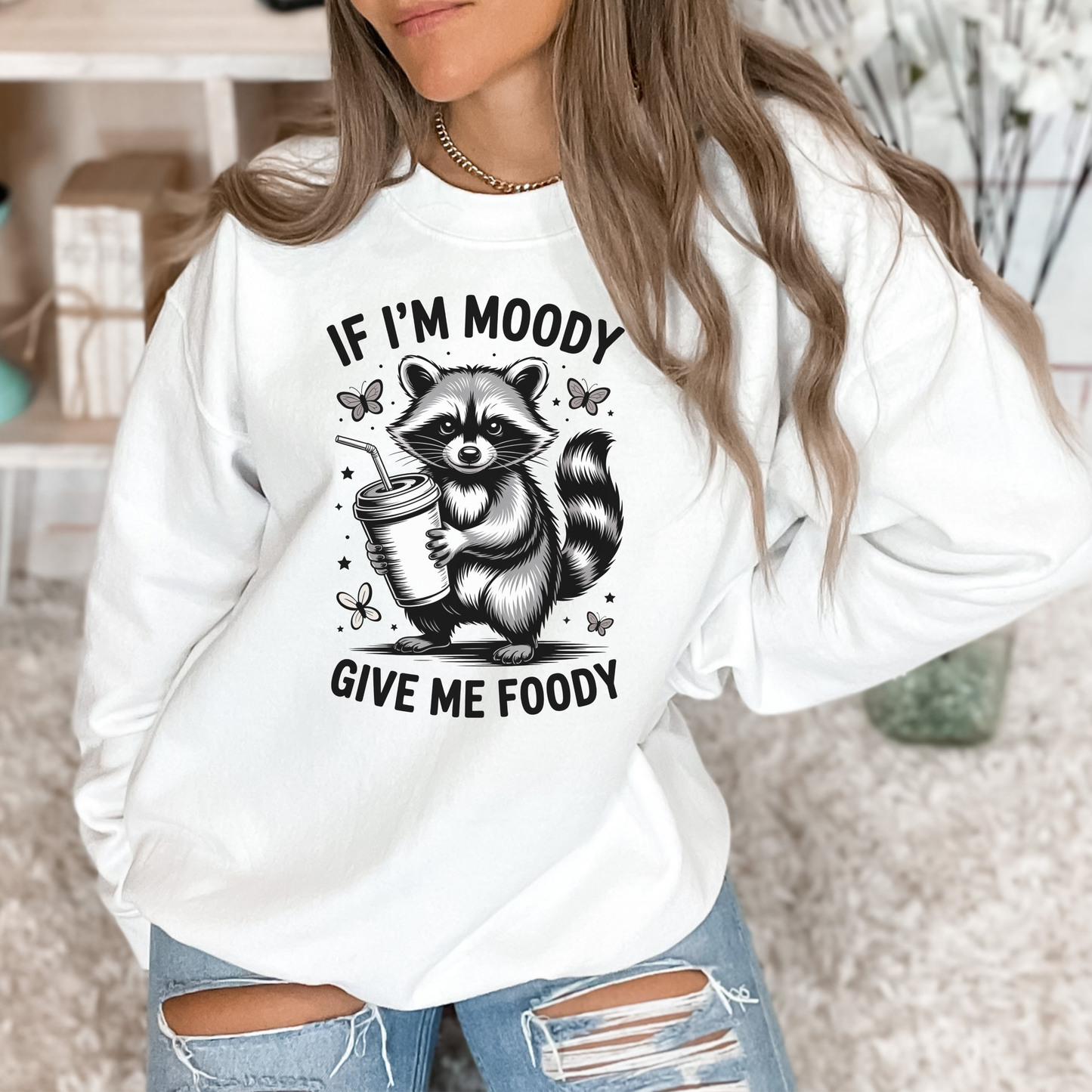 If I’m Moody Give Me Foody Sweatshirt – Funny Food Lover Crewneck – Cozy Unisex Humor Shirt – Gift for Him or Her
