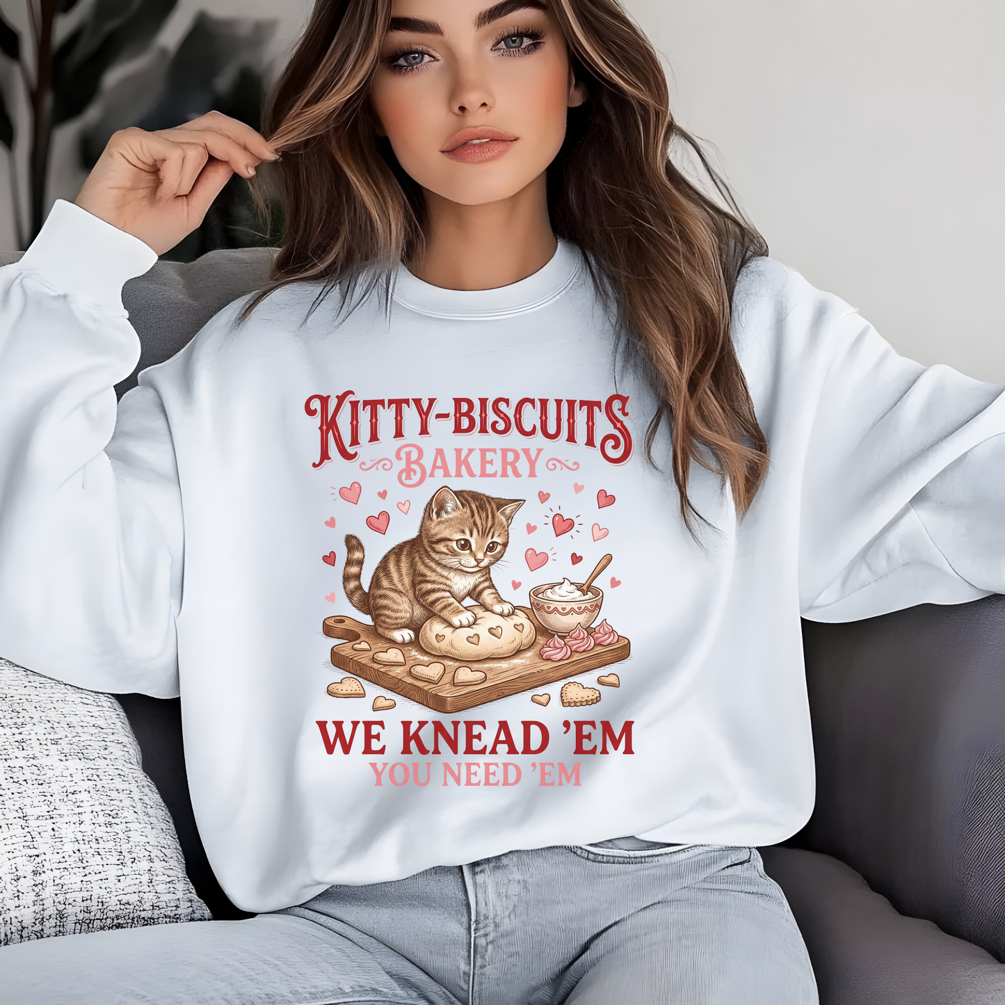 Kitty Biscuits We Knead ‘Em Sweatshirt – Funny Cat Lover Crewneck – Cozy Unisex Humor Shirt – Gift for Him or Her