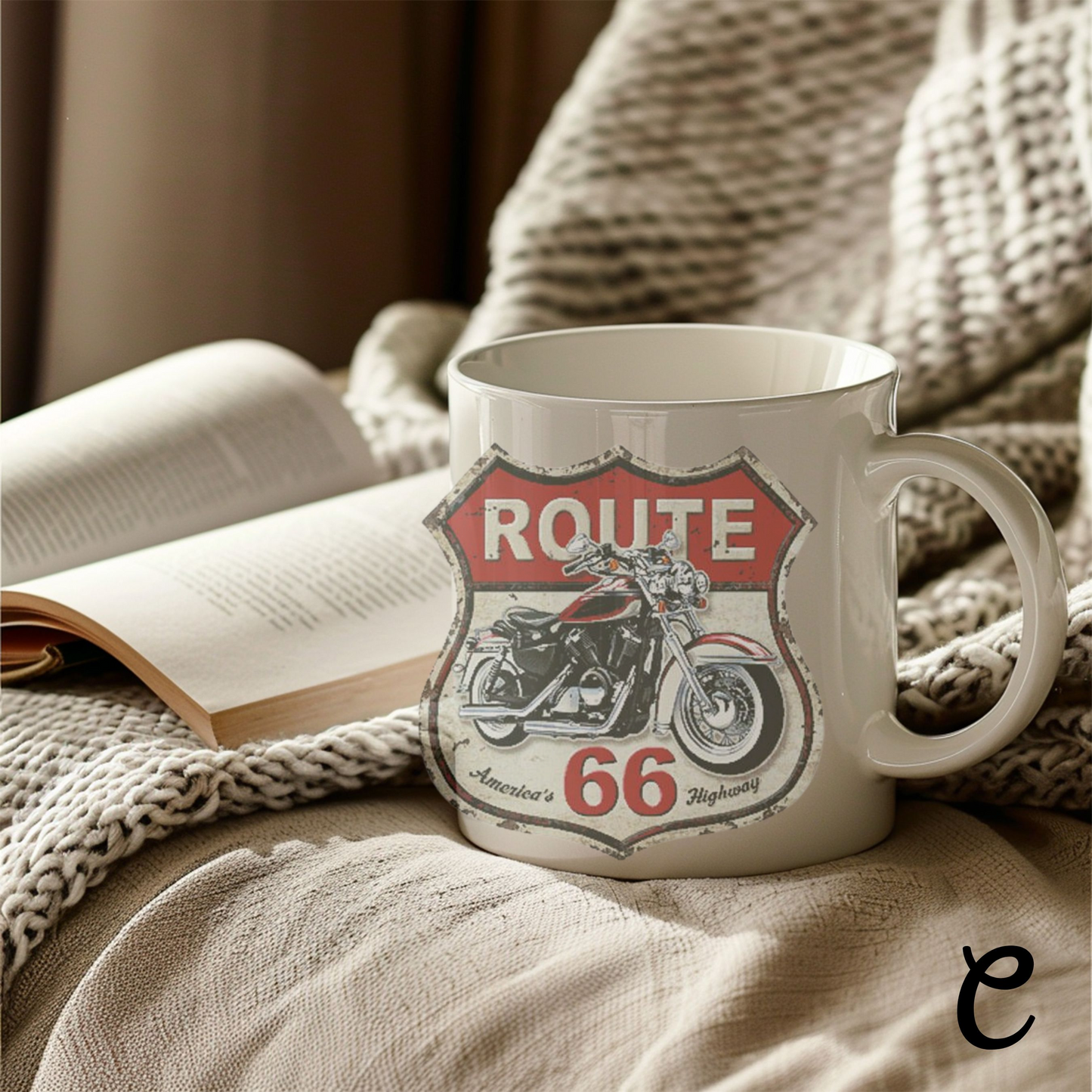 Motorcycle Enthusiast Gift, Route 66 Ceramic Coffee Mug, Americana Road Trip Decor, Personalized Mug for Bikers, Highway Travel Souvenir