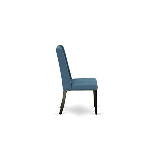 East West Furniture Lassale 11 Piece Modern Dining Set Includes a Rectangle Wooden Table with Butterfly Leaf and 10 Blue Linen Fabric Upholstered Chairs, 42x92 Inch, Distress Jacobean