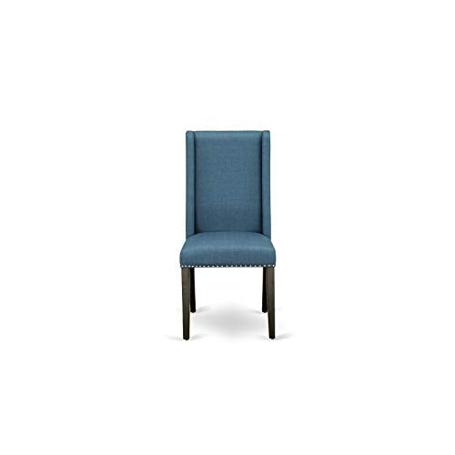 East West Furniture Lassale 11 Piece Modern Dining Set Includes a Rectangle Wooden Table with Butterfly Leaf and 10 Blue Linen Fabric Upholstered Chairs, 42x92 Inch, Distress Jacobean