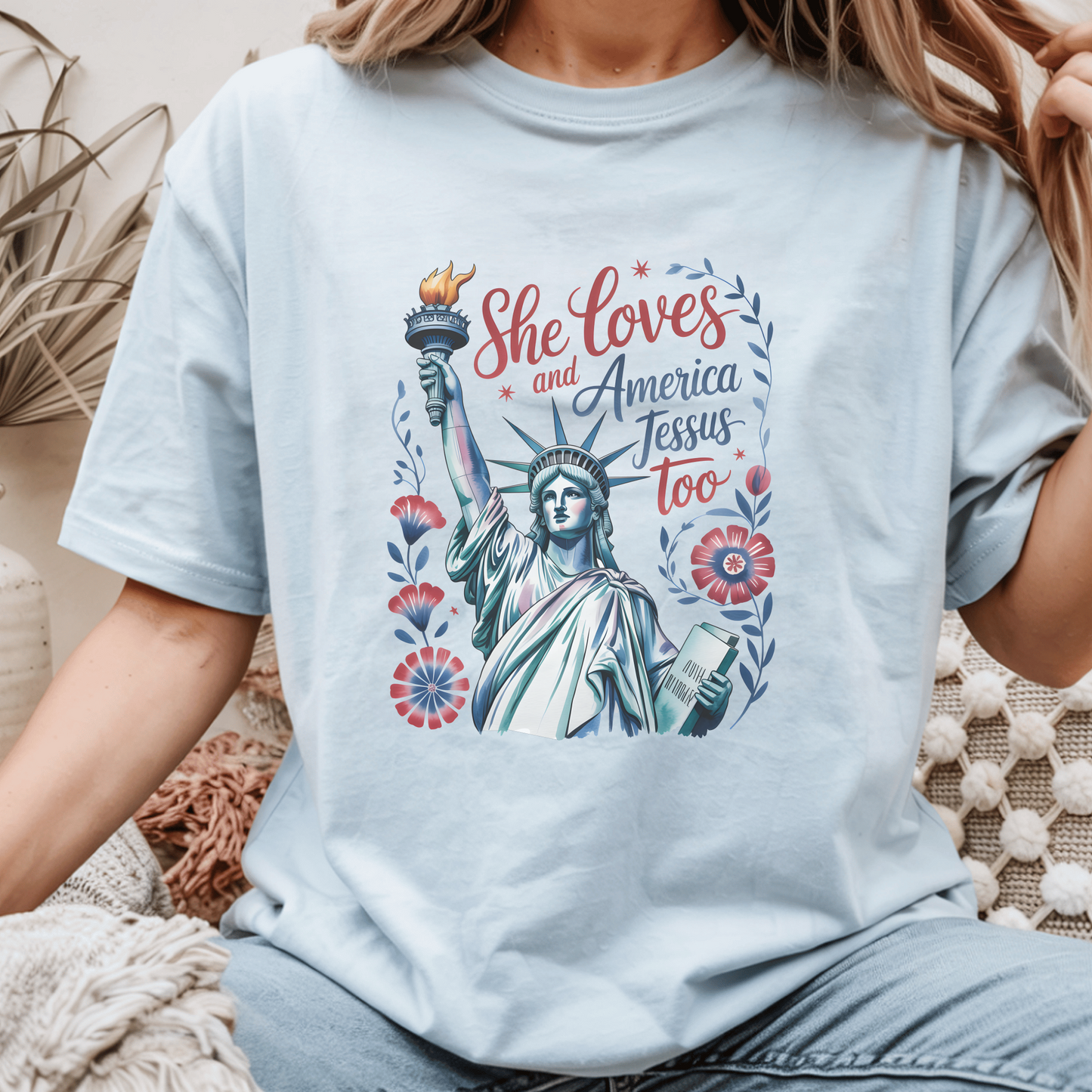 Patriotic T-Shirt, She Loves America Design, Gift for Her, Statue of Liberty Tee, Custom Graphic Shirt, USA-Themed Apparel